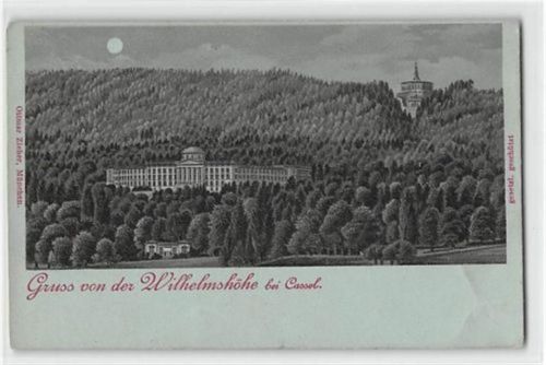 Wilhelmshöhe Mondschein Lithographie Kassel-Wilhelmshöhe. Schloß ungelaufen kleiner Knick unten rechts, leicht fleckig, sonst gut erhalten