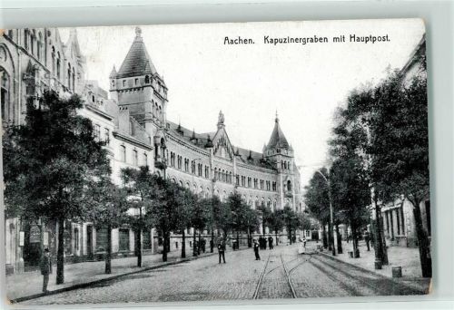 Aachen 1916 Kapuzinergraben Hauptpost Turm Mann Schienen
