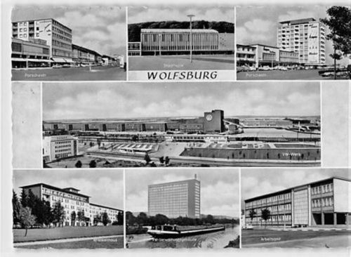 Wolfsburg mit Porschestraße und Stadthalle gelaufen, aptierter Stempel. Gute Erhaltung.