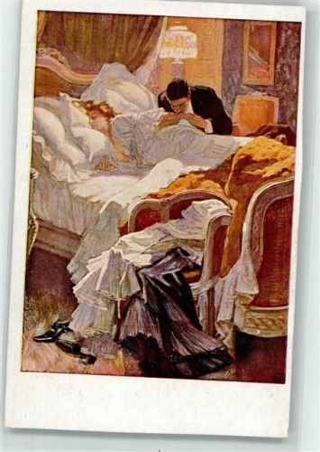 Glamour Erotik - Frau liegt entblößt im Bett , Küsse AK