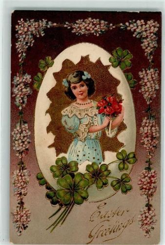 1909 Easter Greetings Girlande mit Veilchen, Mädchen im Osterei, Glücksklee, Rosen AK