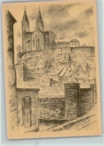 Quedlinburg Blick vom Schiffbleek zum Schloß Kreidezeichnung v. K. Hedloff