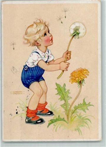 1958 sign. Lungershausen Verlag Carl Werner Nr. 1010 Kind Pusteblume