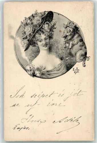 Nr. 2997/6 Elegante Jugendstil Frau mit einer Zigarette trägt ein Schwein AK BKW 1901 Künstlerkarte