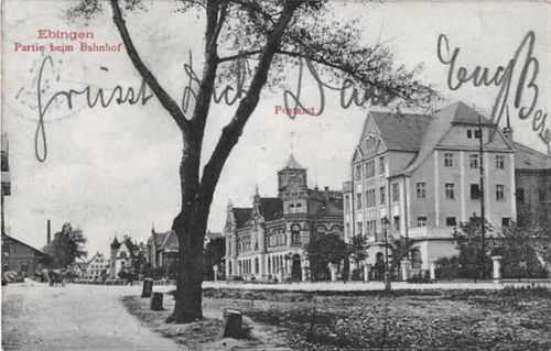 Ebingen. Bahnhof gelaufen. Leichter Schrift- und Stempeldurchdruck, leichte Eckabschürfungen, leicht fleckig, sonst gut erhalten