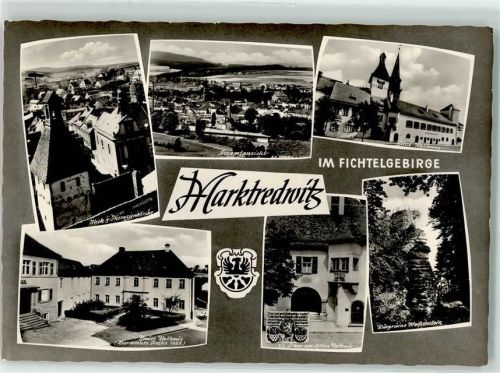 Marktredwitz Neues Rathaus Erker am Alten Rathaus Burgruine Weißenstein Blick zur Theresienkirche Wappen