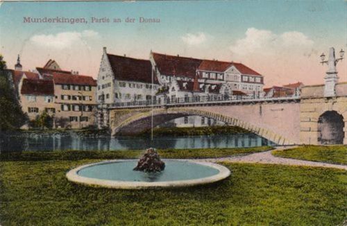 Munderkingen. Partie an der Donaubrücke gelaufen. Leichter Stempeldurchdruck, kleiner Knick oben rechts, sonst gut erhalten