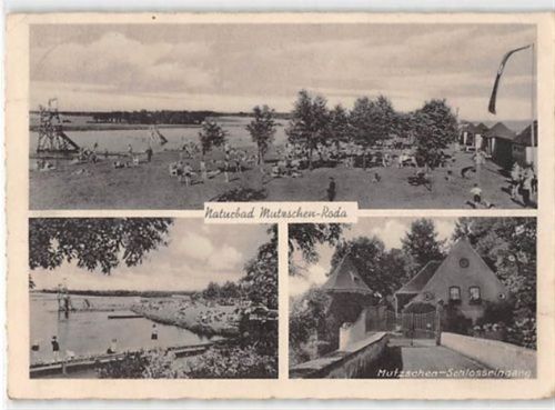 Mutzschen-Roda. Naturbad im dritten Reich und Schlosseingang gelaufen kleiner Knick oben links und unten rechts, leicht fleckig, sonst gut erhalten WK II