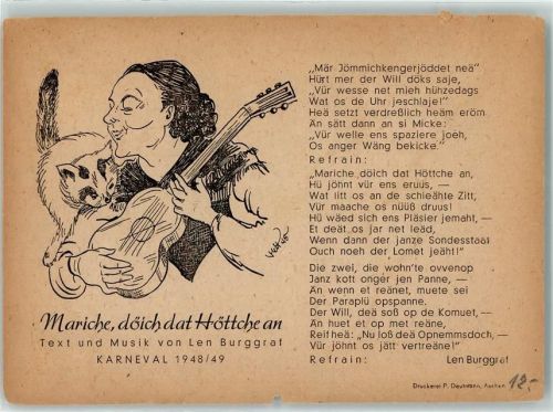 Aachen 1948 - 1949 Liederkarte Mariche döich dat höttche an u. Ja vür Öcher Text und Musik von Len Burggraf Karneval