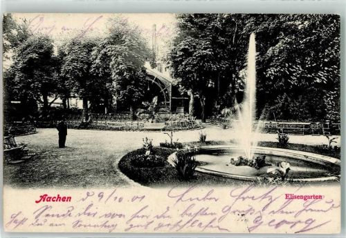 Aachen 1901 Elisengarten Wasserfontäne Mann Fahrrad Bestuhlung