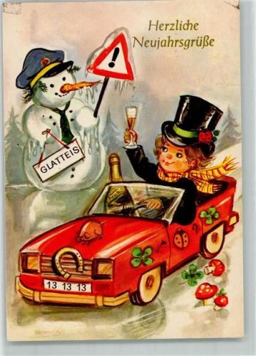 1980 Neujahr Schneemann Sekt Hufeisen Pilz AK