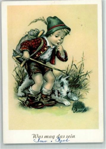 1959 Kind mit Rucksack und Hund sieht einen Igel AK