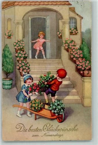 1936 Gratulanten Kinder Blumenkarre AK