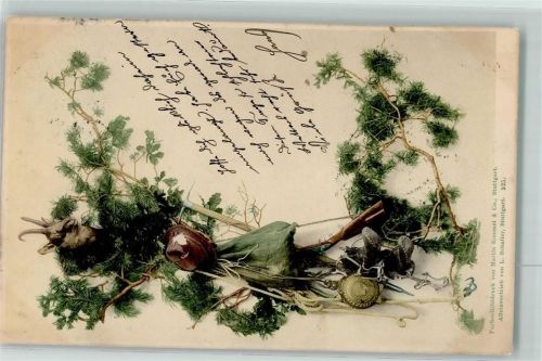 1899 Stilleben Gewehr Gemse Rucksack Farbenlichtdruck Martin Rommel Verlag Schaller 525 AK