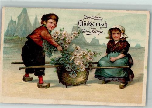 1911 Geburtstag Margeriten Holzschuhe AK