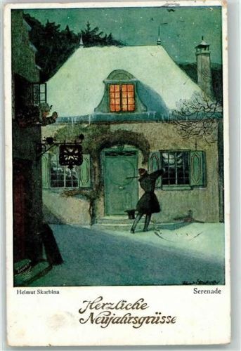 1924 Serenade Neujahr Geiger vor der Haustür AK
