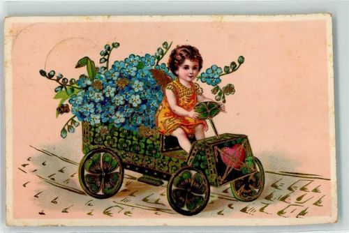 Blütenbild Vergissmeinnicht Glücksklee Neujahr AK Glückwunsch Auto 1919