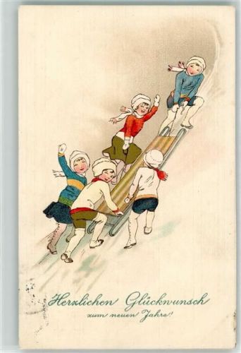 1916 Neujahr Kinder Schlitten für 5 Personen AK