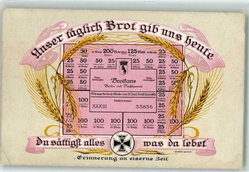 1916 Erinnerung an eiserne Zeit Brotkarte AK