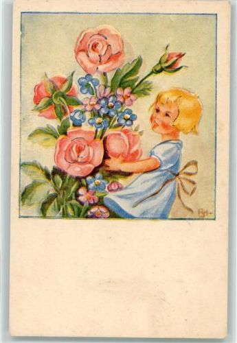 signiert Kind mit Rosen und Vergissmeinnicht AK