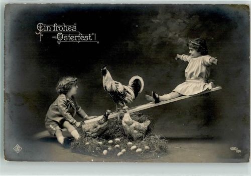 1916 Kinder auf der Wippe , Hühner AK