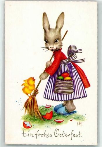1971 Hase vermenschlicht Besen Küken sign. LM AK