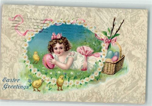 1909 Prägedruck Easter Greetings Kind Küken Korb mit bunten Eiern Litho AK