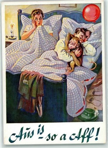 Schlafzimmer Ehebett Affe Luftballon Aus is - so a Aff! Nr 3083 Münchener Bildkunstverlag August Lengauer
