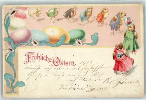 Küken vermenschlicht bunte Eier AK Huhn 1903 Lithographie