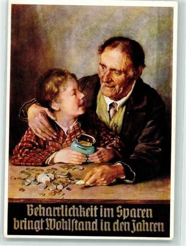 Spare bei der Sparkasse - Spardose Geld Großvater und Enkel sign. Prof. Schlegel Sparkasse Künstlerkarte