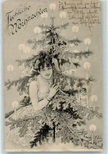 Erotik Frau tiefes Dekolette , kleine Engel auf dem Tannenbaum , Jugendstil Sect Künstlerkarte