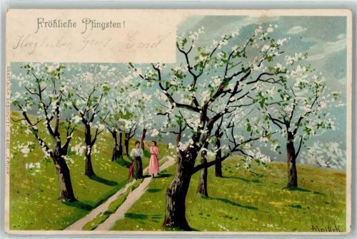 1901 Verlag Erika Nr. 607 Pfingsten Frau Spaziergang blühende Bäume