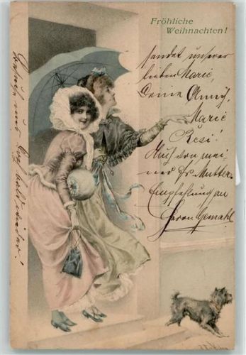 1902 Verlag M. Munk Vienne Frauen mit Regenschirm Muff , Hund