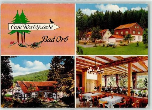Bad Orb Cafe Gästehaus Waldfriede Pilz Auto VW Käfer Fachwerk Gastraum Blumen