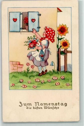 sign. Liesel Lauterborn Gratulantin mit Blumen Verlag Erika 3373 AK