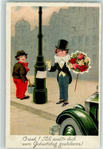 Kind im Smoking hat Farbe an der Hand und einen Rosenstrauß Verlag Begro 8098 AK