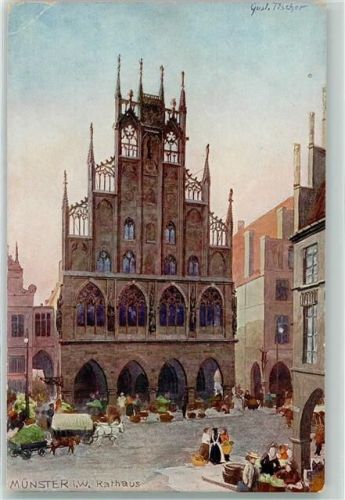 Münster Rathaus Pferdefuhrwerk Marktszene Serie Deutsche Rathäuser Nr. 8 Künstlerkarte