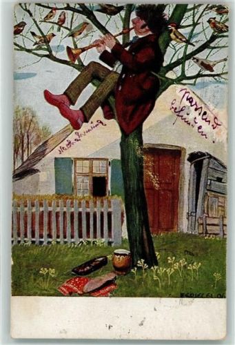 1921 Der Sonderling sitzt mit einer Flöte im Baum sign. Spiegel Jugendverlag
