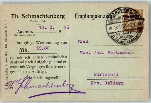 Aachen Empfangsanzeige Postkarte Keine AK