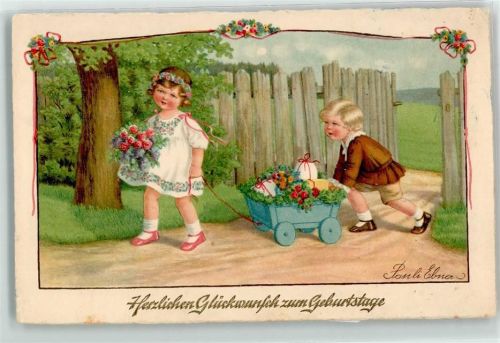 1936 Geburtstag Kinder Gratulanten mit Blumen Rosen Bollerwagen Verlag Dondorf 3227 AK
