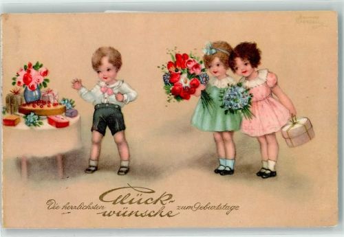 1934 HWB Alabaster Serie 4920 Geburtstag Kinder Gratulanten mit Blumen, Kuchen AK