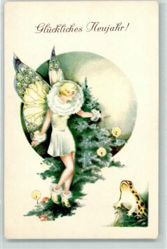 Neujahr Schmetterling vermenschlicht Frosch Engel sign. Erni Schob-Posch