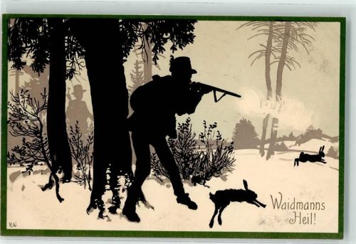 Waidmanns-Heil 'Jäger Hasen sign. R.W. Silhouetten Meissner u. Buch Serie 1931 AK