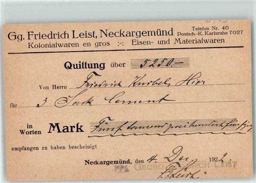 Neckargemünd 1922 Gr. Friedrich Leist Kolonialwaren Quittung