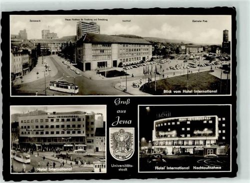 Jena Zeisswerk Neues Hochhaus für Forschung und Entwicklung Institut Zentraler Platz Blick vom Hotel International Straßenbahn Wappen