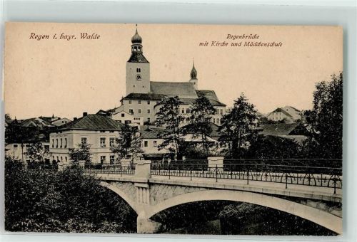 Regen 1919 Regenbrücke mit Kirche und Mädchenschule