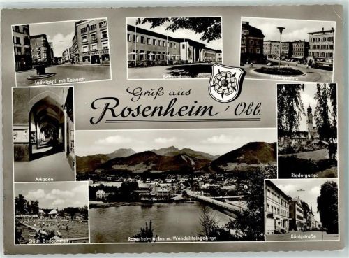 Rosenheim Ludwigsplatz mit Kaiserstraße Bahnhof Riedergarten Arkaden Städt. Badeanstalt Königstraße Wappen