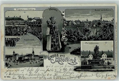 Altötting 1902 Prozession Kapellenplatz Marienbrunnen Kirche Mond Gnadenbild