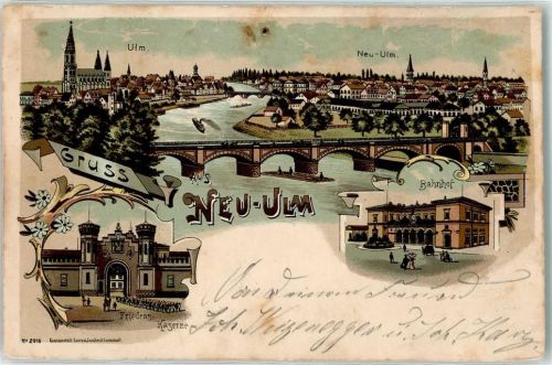 89231 W7910 Neu-Ulm 1899 Gebrauchsspuren Bahnhof Friedens-Kaserne Ulmer-Münster Donau-Brücke Lithographie