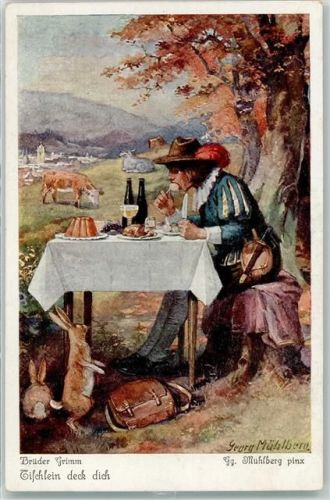 Brüder Grimm Tischlein deck dich Gedeckter Tisch Kuchen Wein Hasen Kühe Märchen Karte 2 nr 4529 Serie 267